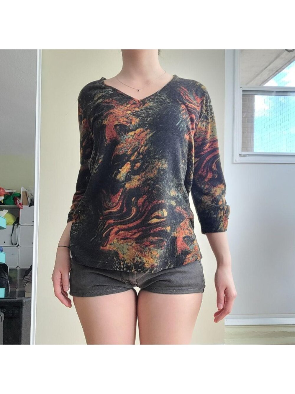 Goth Minimalist Whimsigoth V-Neck Slim 3/4 Sleeve Knit (One Size)